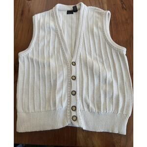 Vintage 80s Sweater Vest Button Up Down White Grandpa Chunky Cobain Grunge Large